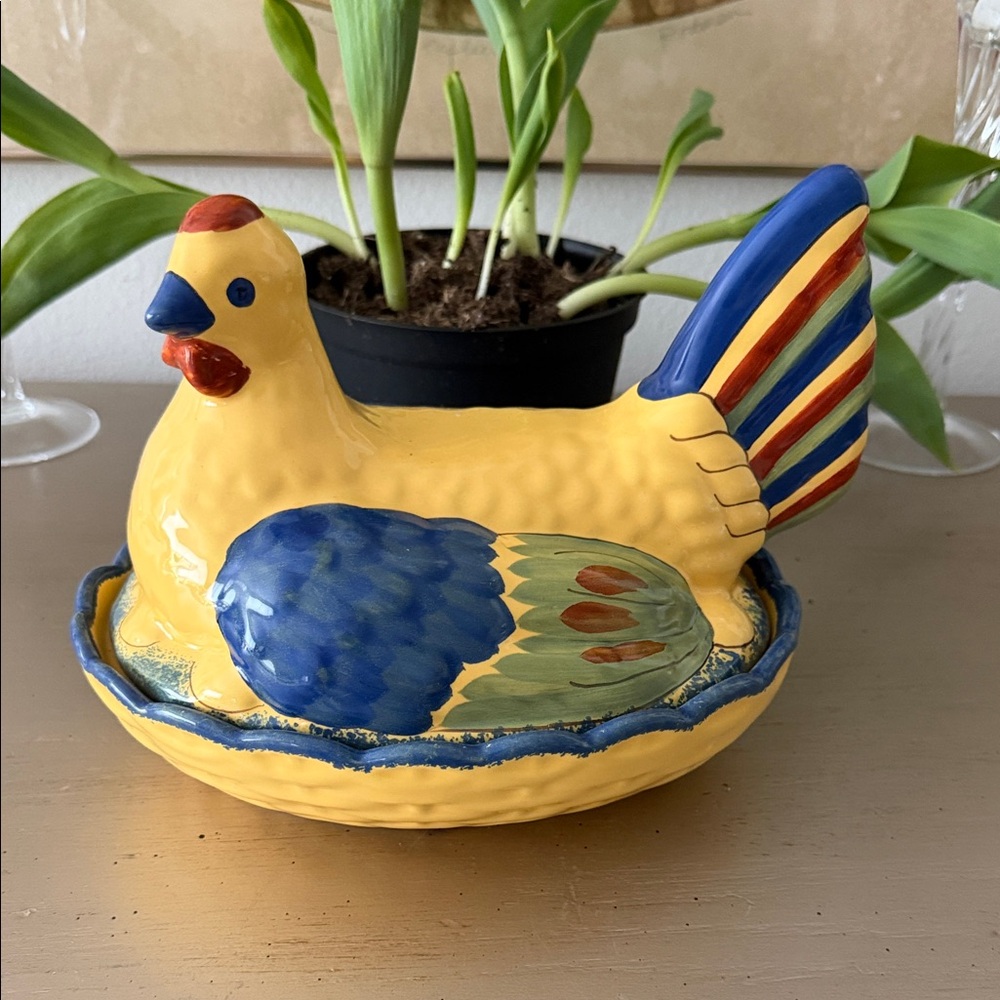 Antique French Country Quimper Large Hen Dish